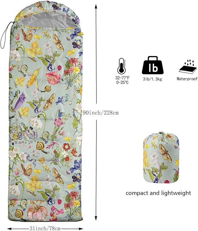 Sleeping Bags for Adults and Kids3D Printing Camping Sleeping Bag for Girls Boys Lightweight Waterproof Cold/Warm 3-SeasonOutdoor Travel with Compression Bags