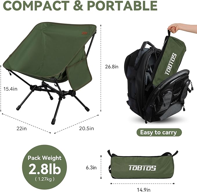 TOBTOS 2 Pack Ultralight Camping Chair Portable Folding Backpacking Chair Compact Camping Chair with Carry Bag for Outdoor Camp Hiking Backpack Beach Travel (Green)