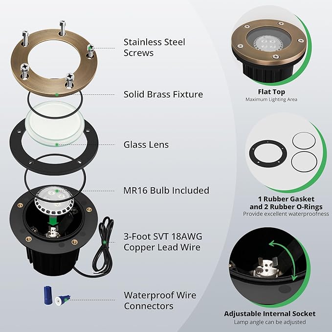 GKOLED 12V LED Brass Well Lights In Ground Light Outdoor with MR16 Bulb and Swival Base Low Voltage Landscape Lighting 5W 410LM 2700K IP67 Waterproof Up Light for Garden Open Top 12 Pack