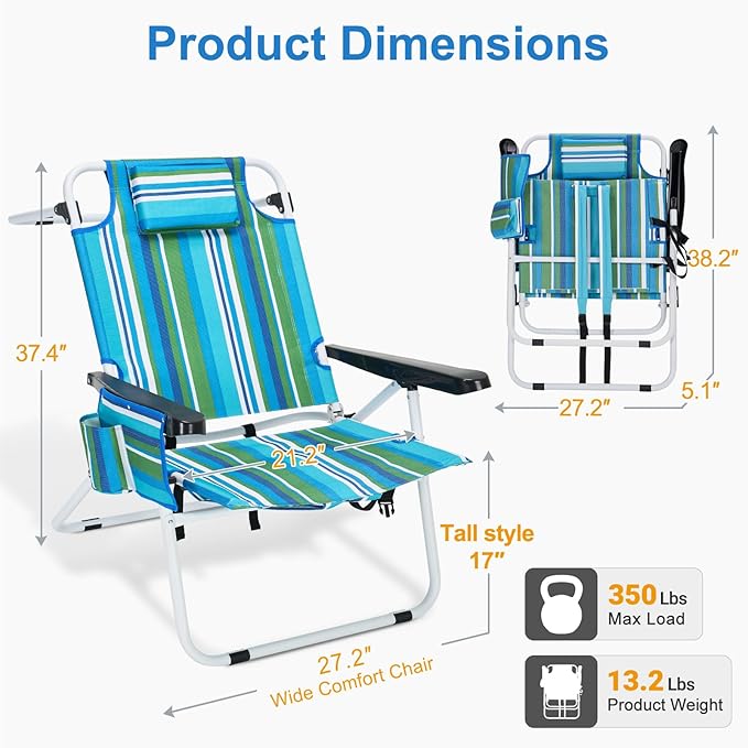 MOPHOTO Tall Beach Chairs for Adults 17 High Backpack 5-Position Tanning Chair with Cooler Bag &amp Cup Holder Heavy Duty Lay Flat Reclining for Beach Patio Camping Supports 350 lbs