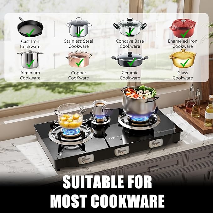 3 Burner Propane Stove 32300 BTU High-Efficiency Tempered Glass Auto-Ignition Gas Burner Stove Top with CSA Hose for Outdoor RV Camping Emergency Cooking