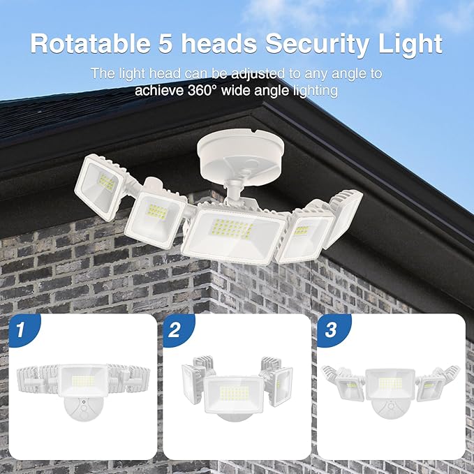 70W LED Flood Lights Outdoor Waterproof IP65 5 Heads Exterior Security Lights 6500K Super Bright Floodlight Fixture Outside Light for House Backyard White