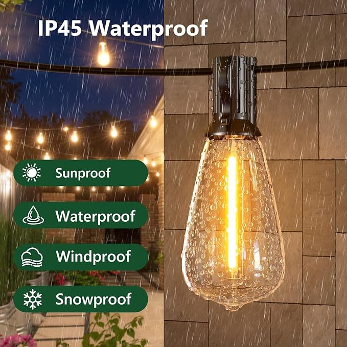 50FT Outdoor String Lights Waterproof Patio Lights with Shatterproof ST38 Vintage Edison Bulbs Connectable Outside Hanging Lights for Backyard Porch Deck Balcony Garden 2500K Dimmable