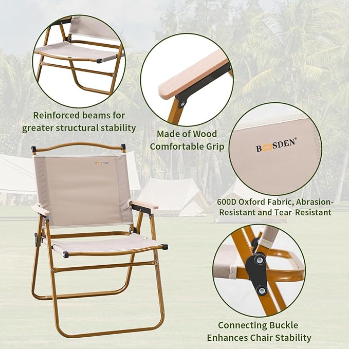 BOOSDEN Camp Chair Portable Outdoor Wide Folding Camping Chairs Ultralight Beach Chair with Wooden Handle for Picnic Lawn Leisure Park Travel Hiking Fishing Foldable Chairs Support 330Lbs