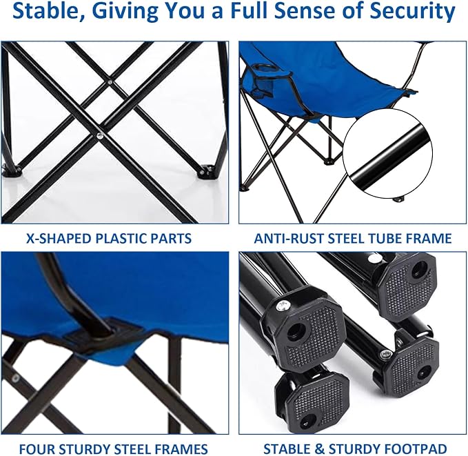 Folding Camping Chair with Cup Holder 225lbs Capacity Portable Foldable Chair with Large Anti-Sink Feet PE Coated Fabric for Outdoor Beach Fishing Backpacking Blue 2PCS