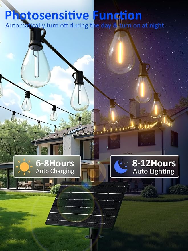 luckystyle 100FT Solar String Lights Outdoor Waterproof with 36+2 LED Bulbs Long Last for 20+Hrs Commercial Grade Shatterproof Patio Solar Powered Lights for CampingBackyard Garden Porch Decor