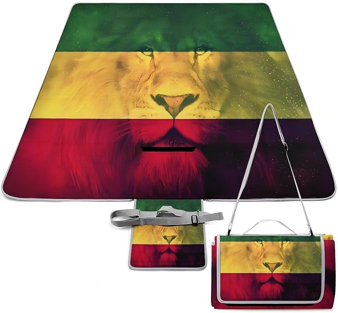 Jamaican Flag Rasta Lion Waterproof Outdoor Picnic Blanket Sandproof Beach Mat for Camping Hiking Grass Travelling