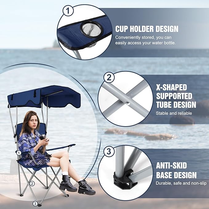 Camping Chair with Canopy Portable Outdoor Folding Beach Chairs with Cup Holder 330LBS Load Lawn Chair for Outside Fishing Beach Picnic (NavyBlue)