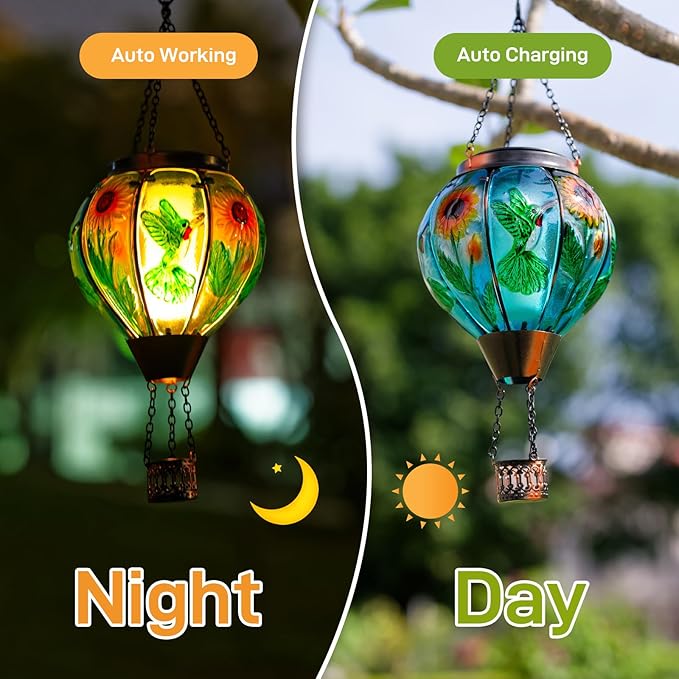Hummingbird and Sunflower Solar Hot Air Balloon Lantern with Flame Glass Hot Air Balloon Solar Lantern Outdoor Waterproof Hanging Solar Lantern for Outside Garden Patio Tree Porch Yard