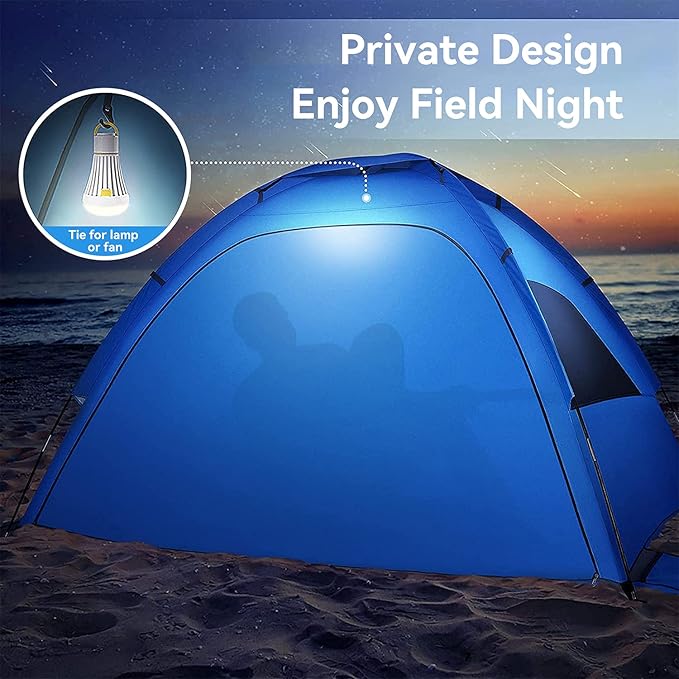 MIRUS Beach Tent 2-3 Person Sun Shade Shelter with UPF50+ Protection Extended Floor &amp 3 Ventilating Roll Up Windows Carrying Bag Stakes and Tiedown Strings | Extended Floor Carrying Bag Stakes