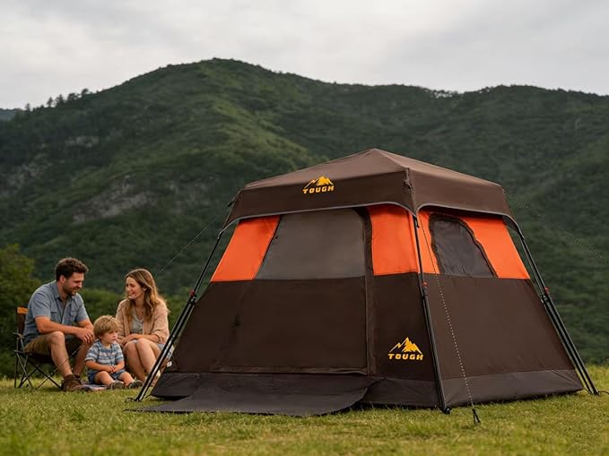 3/4 Person Camping Tent with 1 Door 4 Windows and Upgraded Ventilation– Instant Setup Waterproof 8'x 8'x 67''Oxford Fabric Floor Pop Up in 60 Seconds Includes Rainfly and Backpack