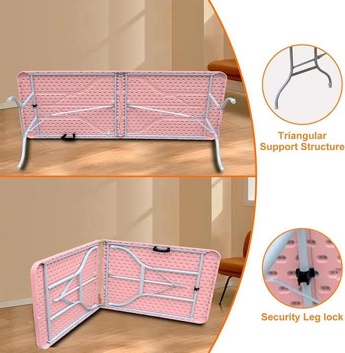 8 FT Folding Table with Carry Handle Portable Fold-in-Half Plastic Table Rectangle Foldable Table for Indoor/Outdoor Pink