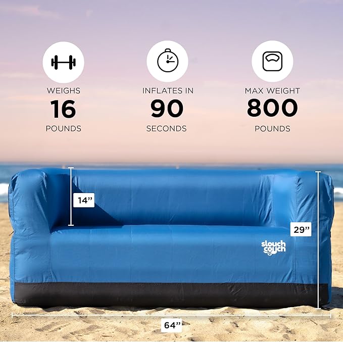Slouch Couch | Air Sofa with Built-in Pump Hidden Cup Holders Storage Pockets | Durable Blow Up Couch with High-Performance Fabric for Camping Beach Home &amp Outdoors (Harbor Gray)