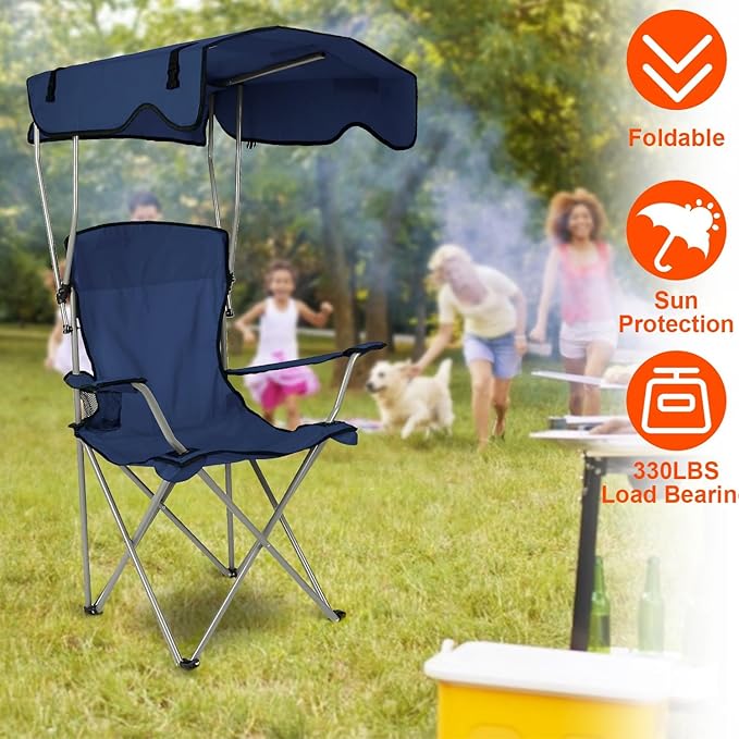 Foldable Beach Canopy Chair Camping Chair Fishing Camp Outdoor Lawn Chair Sun Protection 330LBS Load Folding Camping Canopy Shade Seat with Cup Holder For Beach Poolside Travel Picnic (NavyBlue)