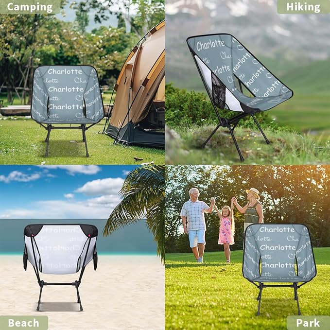 Custom Camping Chair Personalized Portable Backpacking Chair with Name Lightweight Folding Chair for Beach Hiking Grey Blue