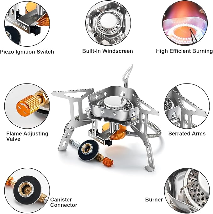 Odoland 3500W/6800W Windproof Camp Stove Camping Gas Stove with Fuel Canister Adapter Piezo Ignition Carry Case Portable Collapsible Stove Burner for Outdoor Backpacking Hiking and Picnic