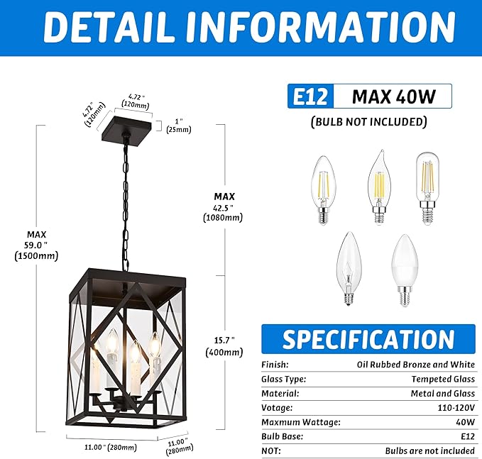 Exterior Hanging Lantern Porch Pendant Lights with Clear Glass Oil Rubbed Brozne Outdoor Pendant Light Adjustable Outside Chandelier Ceiling Mount or Front Porch Entrance Patio Foyer 4 Light