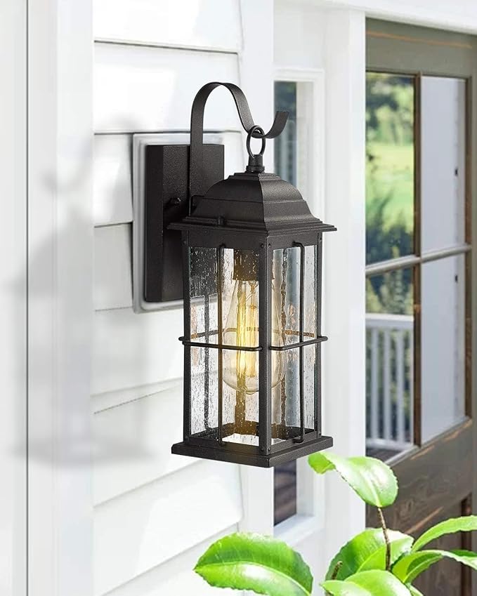 zeyu 1-Light Outdoor Wall Sconce Lantern 14 inch Exterior Light Fixtures Wall Mount in Black Finish with Seeded Glass Shade 20071B1