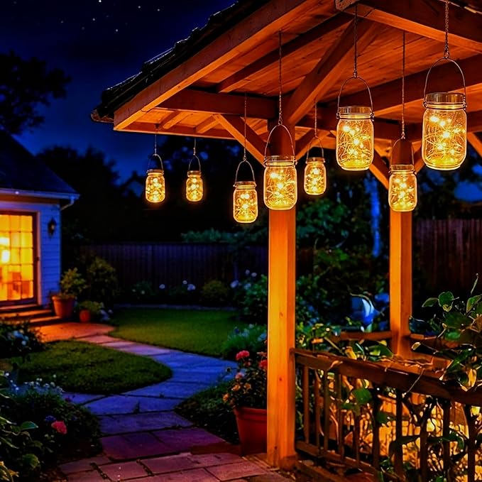 Cooo Gift for her him 6 Pack Solar Lanterns Outdoor Waterproof Upgraded Crystal Glass Solar Mason Jar Lights 30 LED 215% Larger SolarPanel Anti-Rust Lid Hanging Outdoor Lanterns for Garden Porch