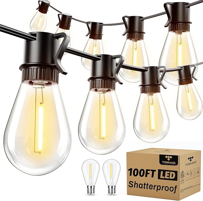 Torkase 100FT Outdoor String Lights LED 30+2 S14 Shatterproof Bulbs Dimmable Patio Lights IP54 Waterproof Connectable for Pergola Lighting Backyard PorchWeddings Cafe Party