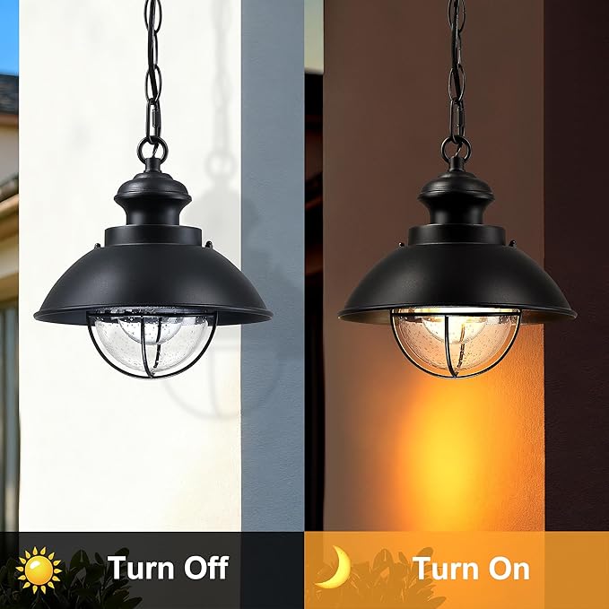 Outdoor Hanging Lights Farmhouse Exterior Pendant Light Lantern with Adjustable Chain Matte Black Outdoor Chandelier with Seeded Glass for Front Porch Gazebo Entryway Breezeway Pergolas