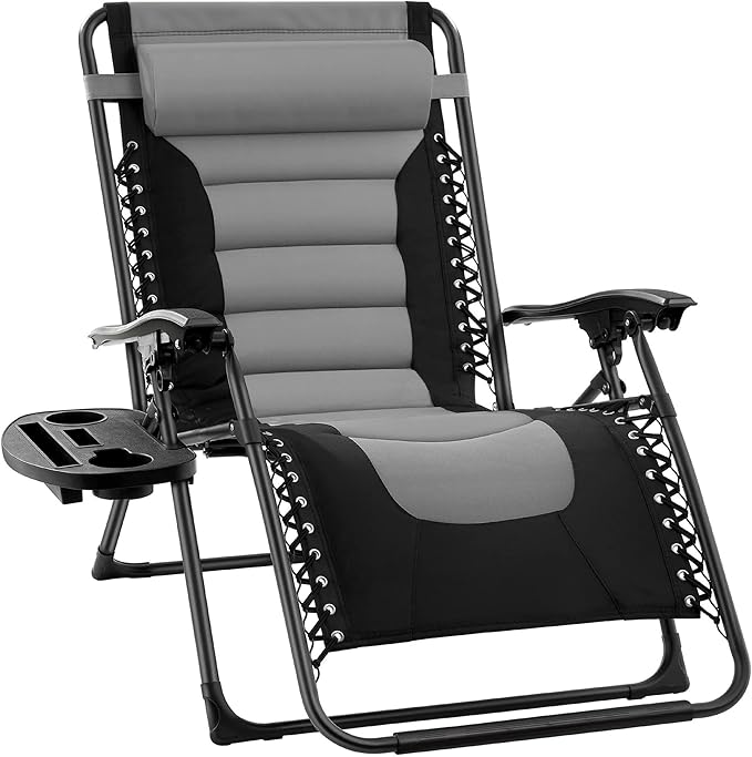 Trapper's Peak Padded Zero Gravity Chair with Removable Pillow and Side Table Grey/Black