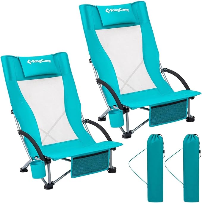 KingCamp Low Beach Chair High Back Folding Camping Chair for Adults Oversized Breathable Mesh Seat 300lbs Heavy Duty Portable Chair with Cup Holder &amp Storage Pockets for Beach Outdoor