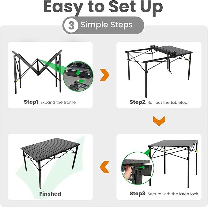 Portable Outdoor Camping Table Large for 2-6 Person - Foldable Camp Table with Aluminum Roll-Up Top &amp Carry Bag for BBQ Tailgating Backyard 220 Lbs Capacity Stable &amp Sturdy (Black)