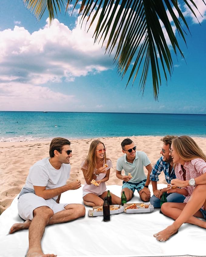 Beach Blanket Waterproof Sandproof 84”x80” Solid White Oversized Beach Mat with 4 Corner Sand Pocket &amp 4 Stakes Outdoor Picnic Mat for Camping Travel