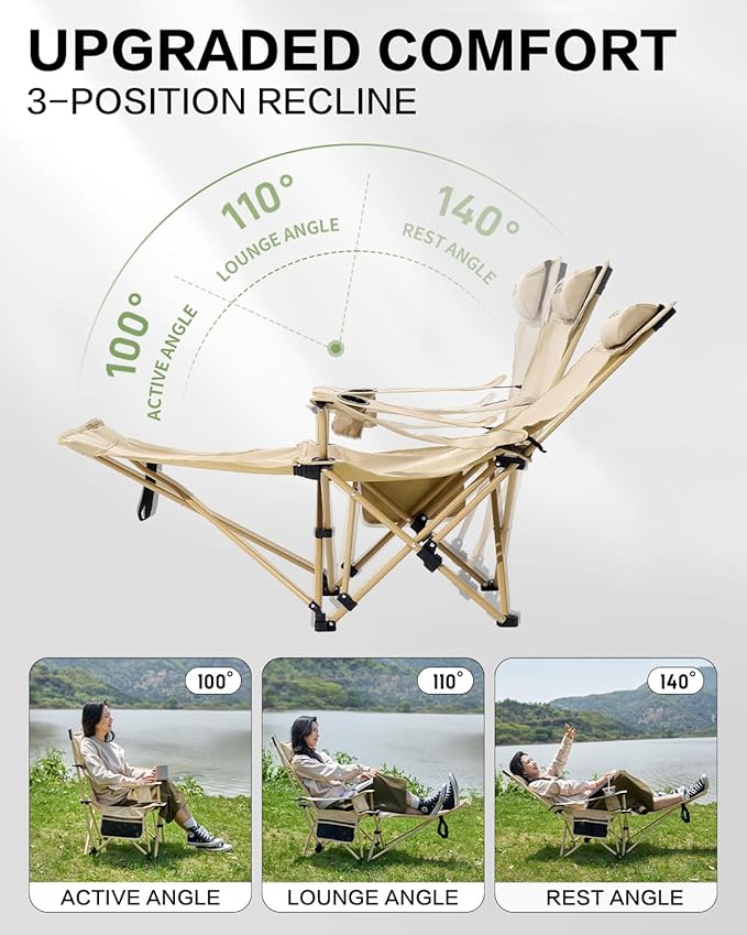 MOBI GARDEN Reclining Camping Chair with Foot Rest 4-Position Adjustable Folding Lounge Chair for Adults Portable &amp Detachable Footrest – Sand - Solid Back