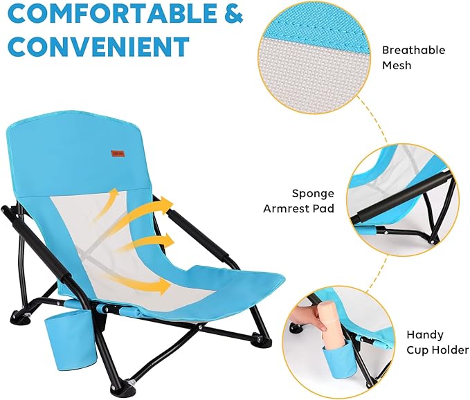 TOBTOS Low Beach Chair for Adults 2 Pack Low Profile Folding with Cup Holder &amp Carry Bag Heavy Duty Chair for Outdoor Sand Camping Concert Travel