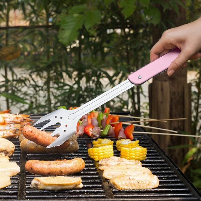 ROXON S601 14 6 in 1 MBT3 Folding Grill Utensils Set Fork Spatula Grilling Knife Tongs Opener for Backyard Barbecue and Camping (Pink)