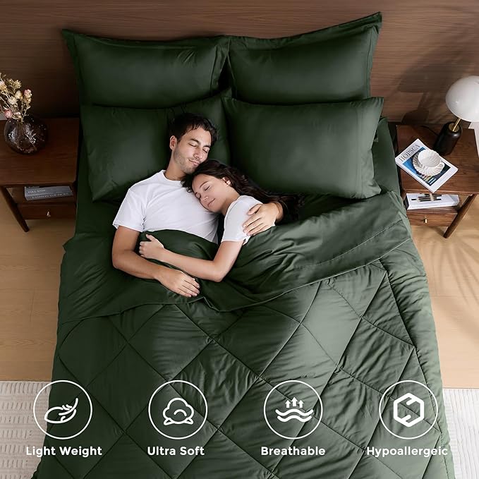 HEVUMYI Army Green California King Comforter Set - 7-Piece All Season Bed in a Bag Cal King Ultra Soft Bedding Set with Comforter Flat Sheet Fitted Sheet Pillowcases Pillow Shams
