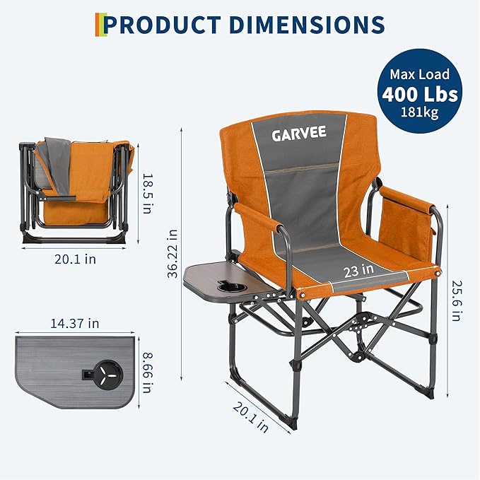 GarveeLife Oversized Directors Camping Chair Portable Folding Chair for Adults Support 400 lbs Heavy Duty Lawn Chair with Side Table for Camping Sports Picnic Beach Fishing (2 PCS Orange)