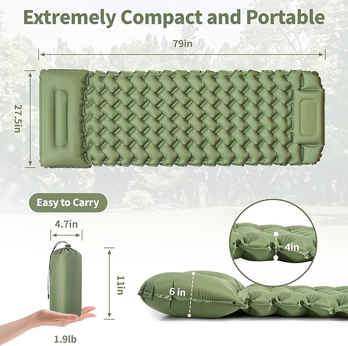 Sleeping Pad for Camping - 4” Thick Inflatable Camping Mat with Built-in Pump &amp Pillow Ultralight Self Inflating Camping pad Backpacking Sleeping Mat for Hiking Tent Traveling