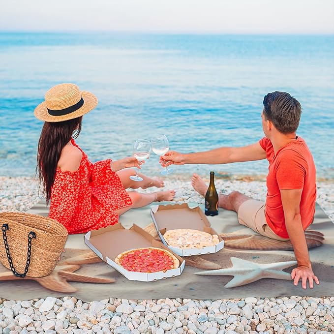 Waterproof Sandproof Beach Blanket 59''×68'' Starfish Polyester Outdoor Picnic Blanket with 4 Stakes &amp Storage Bag for BeachCampingVacation Shells