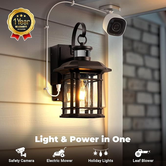Porch Light with GFCI Outlet Distance and Time Adjustable Motion Sensor Outdoor Light Fixture with Outlet Bronze Dusk to Dawn Outside Sconce Lights for House Garden Patio Garage Waterproof