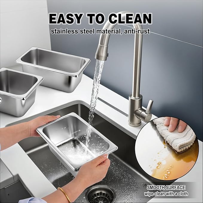 West Bay 4 Pack 1/4 Size Hotel Pan with Lids 4'' Deep Steam Table Pan with Lid 10.2''L x 6.3''W Stainless Steel Pans for Home Party Hotel Buffet