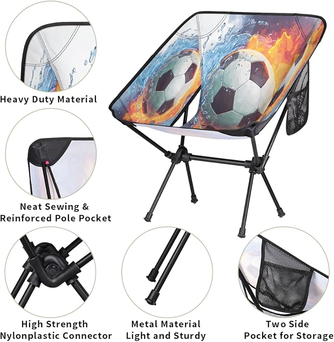 Ice Fire Collision Soccer Camping Chair Folding Backpacking Chair Portable Lightweight Outdoor Chairs with Side Pockets for Hiking Beach Picnic
