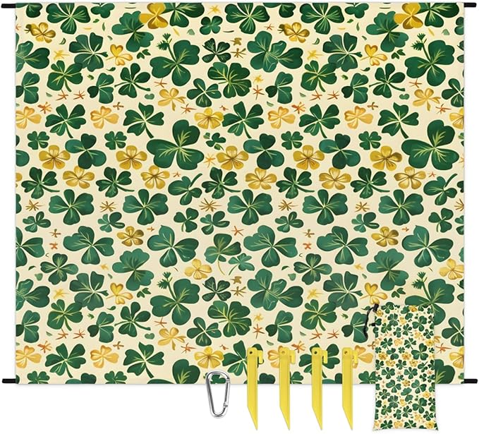 Waterproof Sandproof Beach Blanket 59''×68'' Plants Clover Polyester Outdoor Picnic Blanket with 4 Stakes &amp Storage Bag for BeachCampingVacation Yellow and Green
