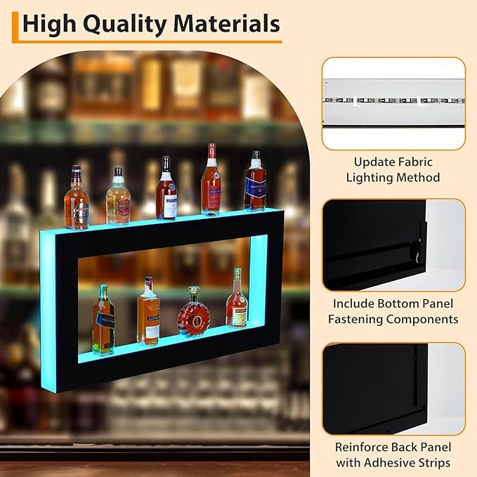 LED Lighted Bar Shelves Wall Mounted Wall Mounted Wine Rack Wine Bottle Holder 2-Tier 48 Inch Acrylic Whiskey Rack with Remote &amp App Control USB Powered for Home Bar &amp Commercial Use