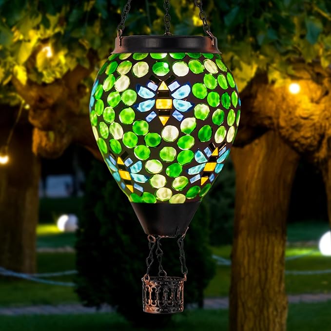 Bee Solar Hot Air Balloon Lantern Outdoor Waterproof Green Mosaic Glass Hanging Solar Lantern Lights Outdoor Hanging Lights for Patio Yard Garden Gift for Mom Grandma Women