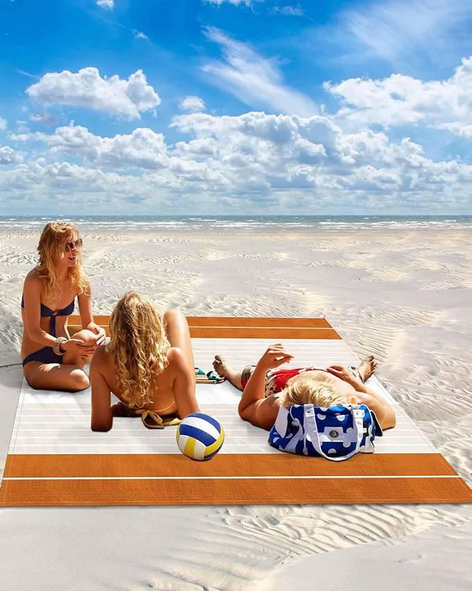 Beach Blanket Waterproof Sandproof Picnic Blanket 83x79 Foldable Beach Mat with Striped Gradient Simple Caramel Pattern for Camping Park Grass Beach Travel