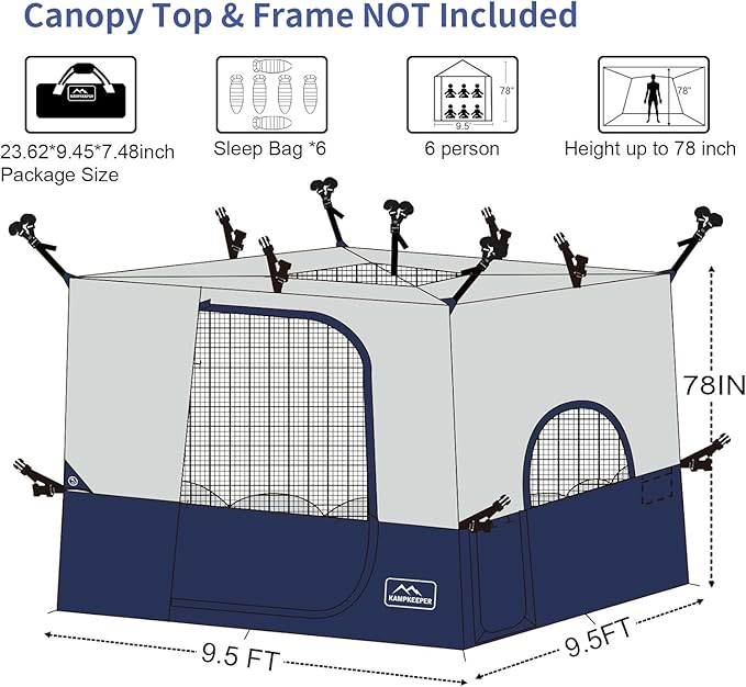 KAMPKEEPER Camping Inner Tent for Pop Up Canopy Converts 10'x10' Straight Leg Canopy into Camping Tent with 1 Dog Hole–Fully Vented Roof(TOP &amp Frame NOT Included) Navy Blue