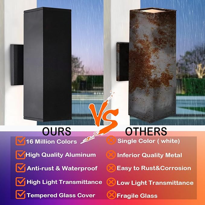 Up and Down Lights Outdoor Wall Lights RGB LED Dusk to Dawn Outdoor Lighting IP56 Black Aluminum Anti Rust Waterproof Outdoor Light Fixtures Wall Mount for House Front Door Porch Patio