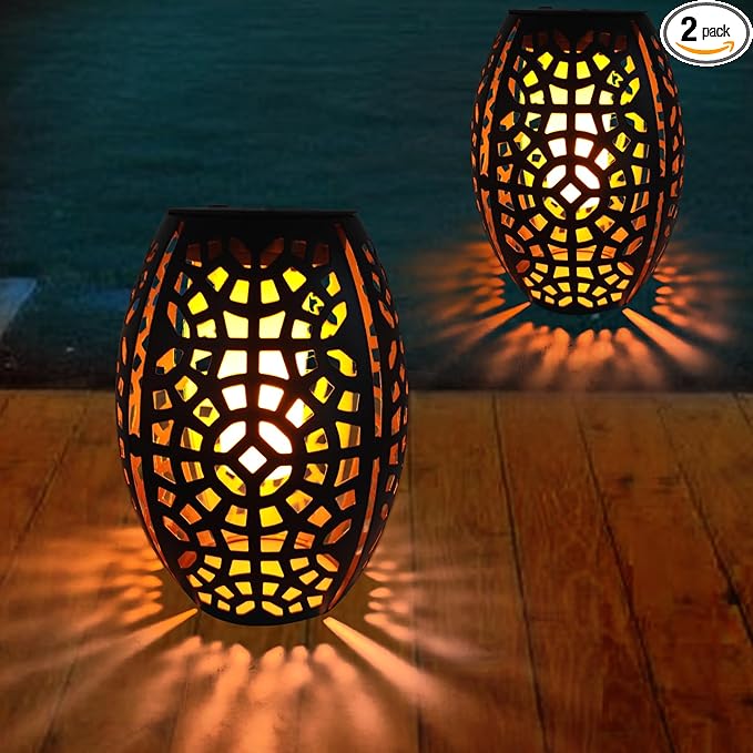 2PCS Solar Table Lanterns with Flickering Flame Light Outdoor Waterproof Metal Desktop Decorative Lamp with Hollow Design for Tabletop Garden 7.3 H Black Geometric Figure