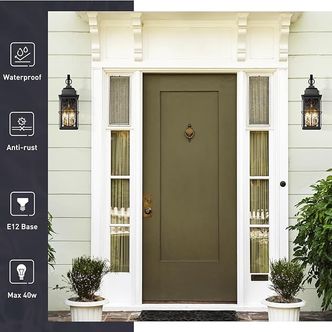 zeyu 17.2 Inch Exterior Black Light Fixture 2-Light Outside Wall Light for House Die-Cast Aluminum with Water Ripple Glass Black and Gold Finish 20071B2 BK+BG-WP