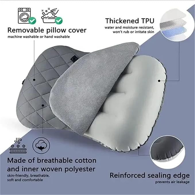 Ultralight Inflatable Camping Travel Pillow with Soft Washable Cover - Ergonomic Inflating Pillows for Neck &amp Lumbar Support(Light Grey)
