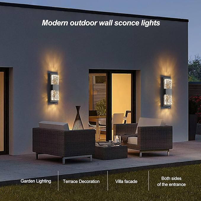HITTO Dusk to Dawn Outdoor LightingPorch Lights Outdoor IP65 Waterproof Exterior Lighting Fixtures 12W LED Ripple Crystal Modern Outside Light for House Hallway Doorway Patio14.2'' Black 2PCS