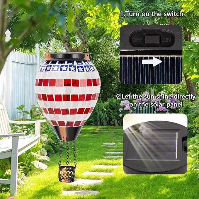 Flag Hot Air Balloon Solar Lantern Mosica Glass Hanging Solar Lanterns Outdoor Waterproof for Garden Yard Patio Decor